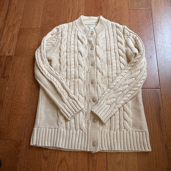 Women’s LLBean Double L Cotton Cable Button Front Cardigan Sweater Lg - Picture 1 of 6